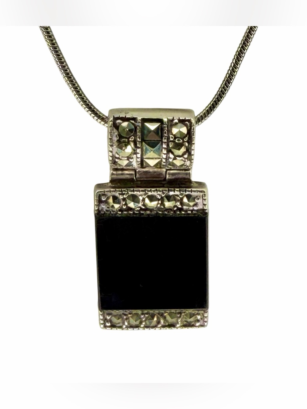 Estate Art Deco Sterling Silver Onyx Marcasite Pendant Necklace